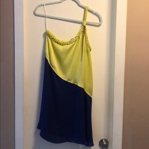 One shoulder color blocked dress.